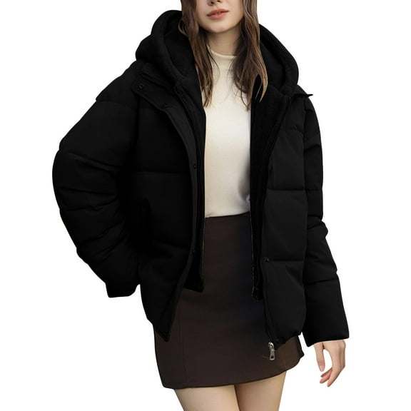 XPMWRP Women's Quilted Thicken Hooded Coats Solid Color Long Sleeve Zip Up Fashion Coats Winter Warm Loose Jacket with Pockets Black M