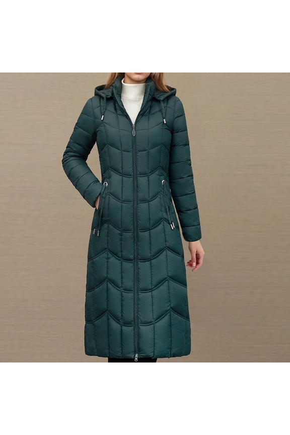 Women's Quilted Thicken Down Hooded Long Coat Straight Elegant Solid Color Jacket Winter Warm Long Sleeve Loose Parkas Jacket with Pockets Green XXL