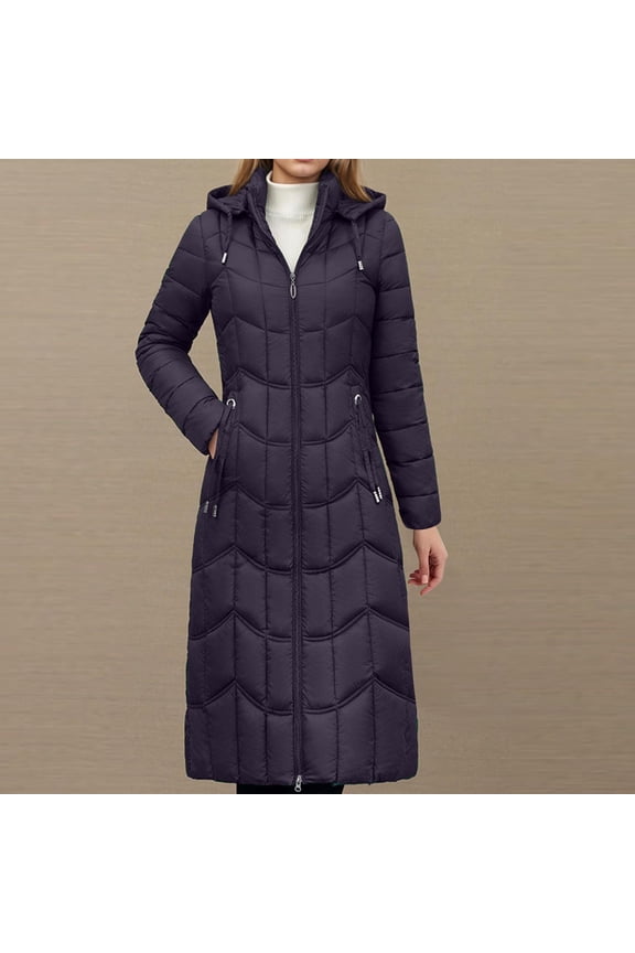 Women's Quilted Thicken Down Hooded Long Coat Straight Elegant Solid Color Jacket Winter Warm Long Sleeve Loose Parkas Jacket with Pockets Purple XXXL