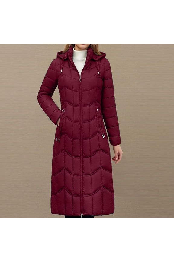 Women's Quilted Thicken Down Hooded Long Coat Straight Elegant Solid Color Jacket Winter Warm Long Sleeve Loose Parkas Jacket with Pockets Red XL