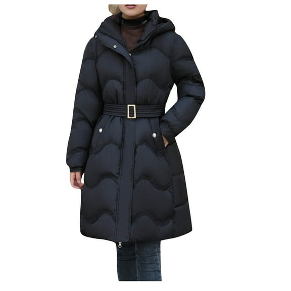 XPMWRP Women's Quilted Thicken Hooded Trendy Coats Solid Color Long Sleeve Fashion Zip Up Coats Winter Warm Loose Stand Collar Jacket with Belt Black XL
