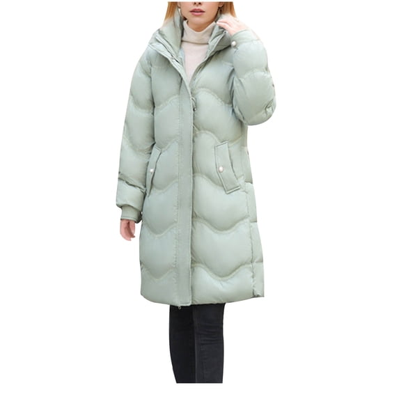 XPMWRP Women's Quilted Thicken Hooded Trendy Coats Solid Color Long Sleeve Fashion Zip Up Coats Winter Warm Loose Stand Collar Jacket with Belt Green L