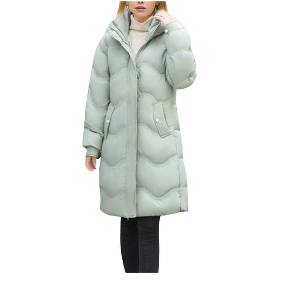 XPMWRP Women's Quilted Thicken Hooded Trendy Coats Solid Color Long Sleeve Fashion Zip Up Coats Winter Warm Loose Stand Collar Jacket with Belt Green XXL