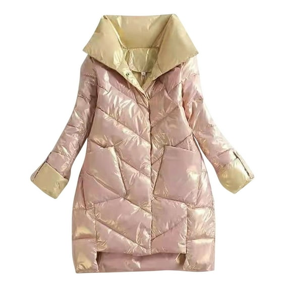 XPMWRP Women's Quilted Thicken Puffer Jacket Long Sleeve Padded Down Solid Color Fashion Coats Warm Winter Casual Loose Coat with Pockets Pink XL