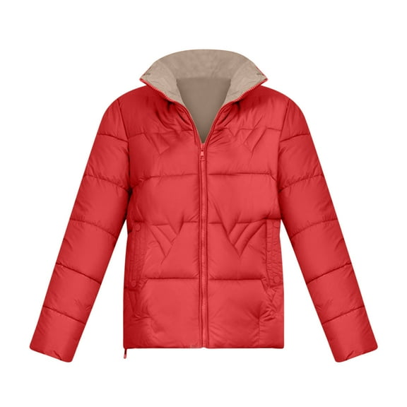 XPMWRP Women's Quilted Thicken Puffer Zip Jacket Long Sleeve Stand Collar Solid Color Coat Warm Winter Loose Trendy Padded Coat with Pockets Red M