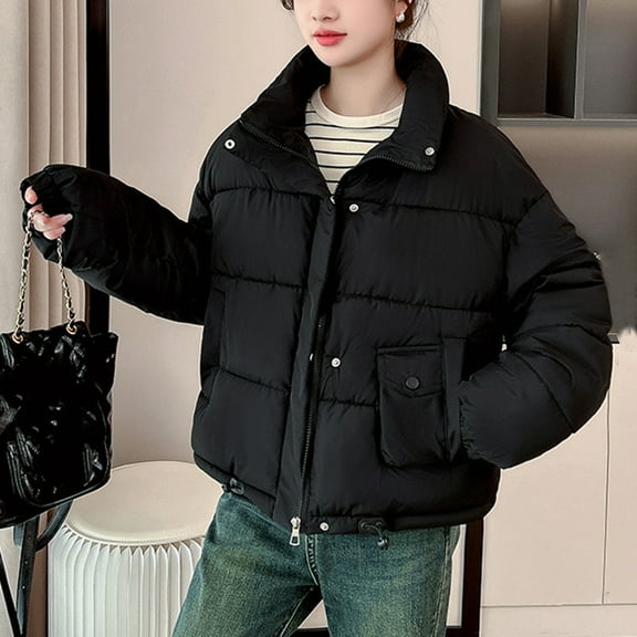 XPMWRP Women's Quilted Thicken Solid Color Jackets Drawstring Zip Oversized Casual Jackets Puffer Stand Collar Long Sleeve Warm Winter Coats with Pockets Black L