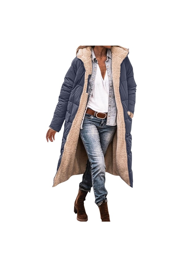 Women's Reversible Long Puffer Hooded Jacket Padded Down Thicken Fleece Warm Parka Coats Long Sleeve Solid Color Quilted Zipper Clothes with Pockets Gray S