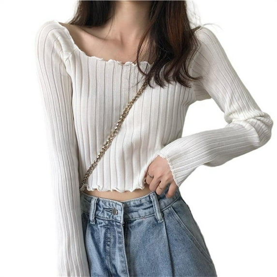 XPMWRP Women's Ribbed Knit Long Sleeve Top Square Neck Slim Fit Stretchy Shirt Casual Cute Solid Basic Crop Tops White Free Size