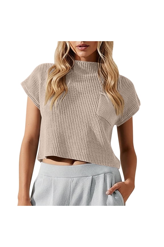 Women's Ribbed Knit Mock Neck Pocket Top Short Sleeve Loose Fit Casual Sweater Trendy Summer Blouse for Daily Wear Beige S