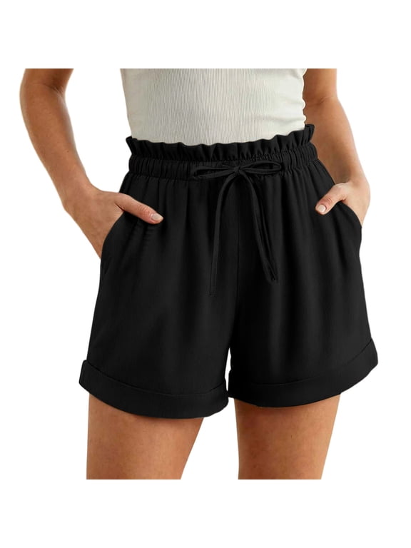 Women's Ruffle High Waist Drawstring Cuffed Hem Casual Shorts Loose Summer Beach Vacation Relaxed Fit Short Pants with Pockets Black M