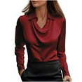 thumbnail image 1 of XPMWRP Women's Satin Silky Cowl Neck Drape Ruched Front Long Sleeve Blouse Shirt Top Casual Dressy Loose Clothing Red M, 1 of 7