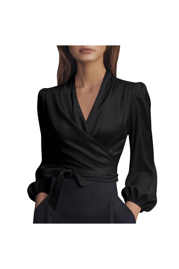 Women's Satin Wrap Blouse Elegant V-Neck Long Puff Sleeve Self-Tie Waist Top Formal Office Work Shirt Black S