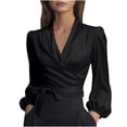 thumbnail image 1 of XPMWRP Women's Satin Wrap Blouse Elegant V-Neck Long Puff Sleeve Self-Tie Waist Top Formal Office Work Shirt Black XXL, 1 of 8