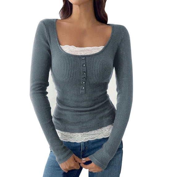 XPMWRP Women's Scoop Neck Button Up Ribbed Knit Sweater Casual Slim Fit Long Sleeve Comfy Solid Color Pullover Tops Blue L