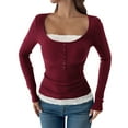 thumbnail image 1 of XPMWRP Women's Scoop Neck Button Up Ribbed Knit Sweater Casual Slim Fit Long Sleeve Comfy Solid Color Pullover Tops Red S, 1 of 4