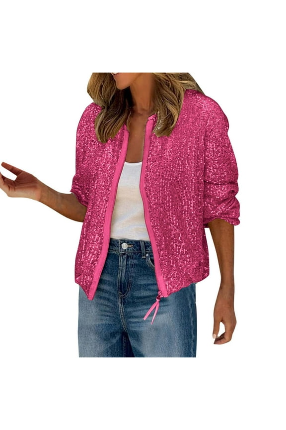 Women's Sequin Bomber Jacket Long Sleeve Zip Up Sparkly Glitter Shiny Loose Coat Casual Holiday Outwear Pink L