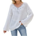 thumbnail image 1 of XPMWRP Women's Sequin Mesh Appliques V Neck Long Sleeve Sweaters Fall Trendy V Neck Knit Drop Shoulder Pullover Sweater Jumper Tops White S, 1 of 8