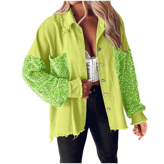 XPMWRP Women's Sequin Patchwork Denim Jacket Solid Color Long Sleeve Button Lapel Jackets Top Oversized Winter Warm Fashion Clothes with Pockets Green L
