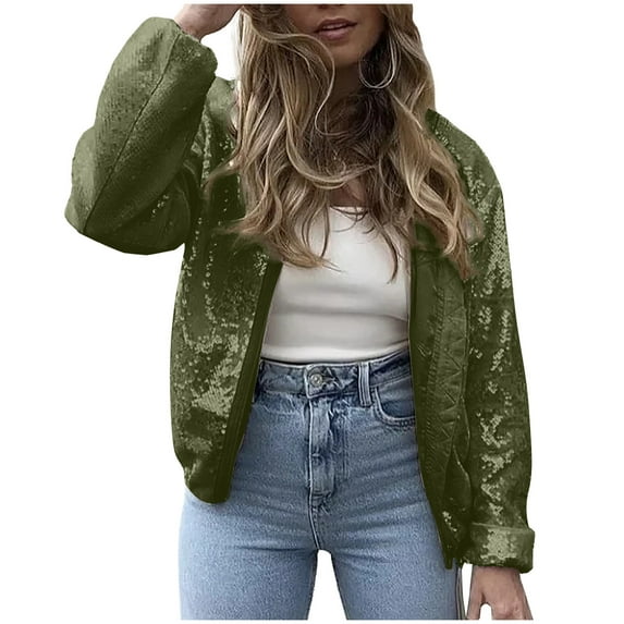 XPMWRP Women's Sequin Zipper Casual Jacket Long Sleeve Solid Color Comfortable Stylish Fashionable Winter Warm Trendy Loose Jacket Green M