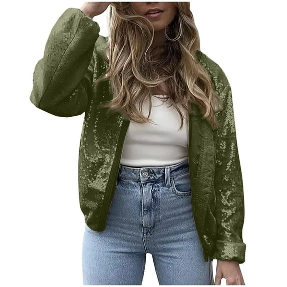XPMWRP Women's Sequin Zipper Casual Jacket Long Sleeve Solid Color Comfortable Stylish Fashionable Winter Warm Trendy Loose Jacket Green S