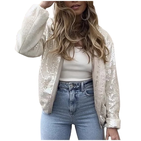 XPMWRP Women's Sequin Zipper Casual Jacket Long Sleeve Solid Color Comfortable Stylish Fashionable Winter Warm Trendy Loose Jacket White L