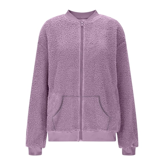XPMWRP Women's Sherpa Fleece Jacket Quilted Solid Color Long Sleeve Fuzzy Comfy Fall Coat Bomber Zip Up Winter Coat with Pockets Purple S