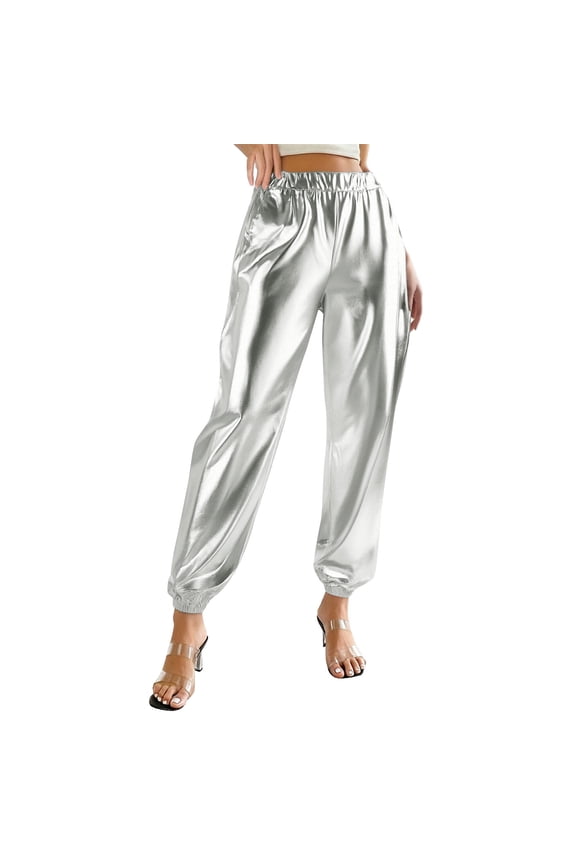 Women's Shiny Metallic Harem Pants Elastic Waist Baggy Joggers with Ankle Cuffs Y2K Party Dance Pants for Rave White S