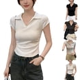 thumbnail image 1 of XPMWRP Women's Short Sleeve Shirt Collared V Neck Slim Fitted Tight Casual Tees Ruched Going Out Tops Fashion Clothes White L, 1 of 6