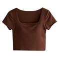 thumbnail image 1 of XPMWRP Women's Short Sleeve Square Neck Crop Top with Built in Bra Summer Cropped Tees Solid Color Lightweight Blouse Coffee M, 1 of 7
