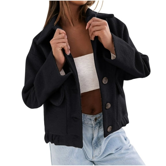 XPMWRP Women's Single Breasted Casual Jackets Loose Fleece Long Sleeve Solid Color Pea Coat Winter Warm Fashion Loose Clothes with Pockets Black XXL