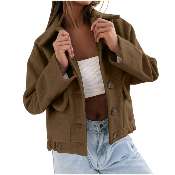XPMWRP Women's Single Breasted Casual Jackets Loose Fleece Long Sleeve Solid Color Pea Coat Winter Warm Fashion Loose Clothes with Pockets Brown S