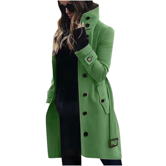 XPMWRP Women's Single Breasted Stand Collar Trench Coat Long Sleeve Solid Color Windbreaker Jacket Winter Warm Casual Fashion Clothes Green M