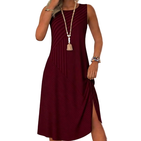 XPMWRP Women's Sleeveless Crew Neck Diagonal Striped Print Side Split Maxi Dress Loose Fit Flowy Casual Sundress Summer Daily Wear Dress Wine S