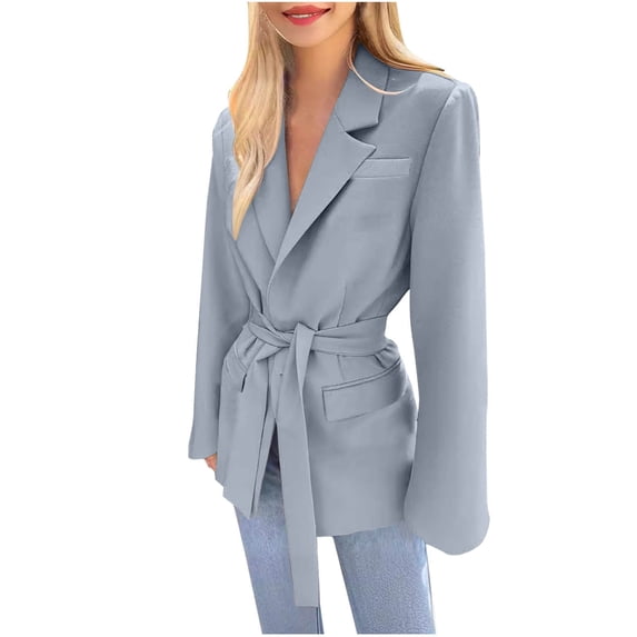 XPMWRP Women's Solid Color Blazer Jacket Long Sleeve Formal Office Work Clothes Notched Lapel Collar Winter Coat with Belt Gray L