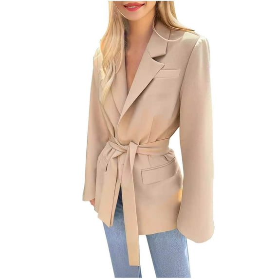 XPMWRP Women's Solid Color Blazer Jacket Long Sleeve Formal Office Work Clothes Notched Lapel Collar Winter Coat with Belt Yellow S