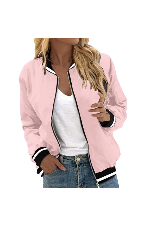 Women's Solid Color Flight Jacket Casual Zip Up Fashion Printed Pocket Coat Lightweight Outerwear with Pockets Pink M