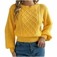 thumbnail image 1 of XPMWRP Women's Solid Color Cable Knit Sweater Winter Chunky Lantern Long Sleeve Crew Neck Loose Casual Pullover Jumper Tops Yellow M, 1 of 8