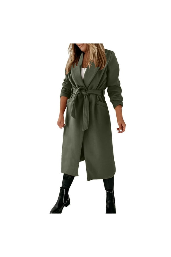 Women's Solid Color Casual Trench Coat Classic Notch Lapel Windproof Overcoat Fall Winter Fashion Jackets with Belt Green M