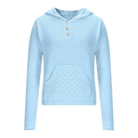 XPMWRP Women's Solid Color Crochet Patchwork Hoodie Sweaters Pullover Loose Button Top Hollow Long Sleeve Fall Winter Knit Casual Sweater Tops Blue M