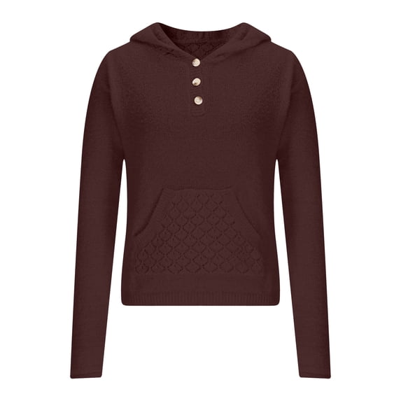 XPMWRP Women's Solid Color Crochet Patchwork Hoodie Sweaters Pullover Loose Button Top Hollow Long Sleeve Fall Winter Knit Casual Sweater Tops Brown S