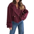 thumbnail image 1 of XPMWRP Women's Solid Color Cropped Trench Coat Long Sleeve Double Breasted Notched Lapel Casual Loose Fit Jackets with Pockets Wine L, 1 of 5