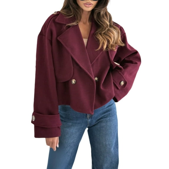 XPMWRP Women's Solid Color Cropped Trench Coat Long Sleeve Double Breasted Notched Lapel Casual Loose Fit Jackets with Pockets Wine S