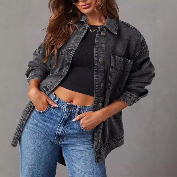 XPMWRP Women's Solid Color Denim Jacket Button Down Basic Classic Lapel Collar Jean Jacket Casual Loose Long Sleeve Coats Gray L