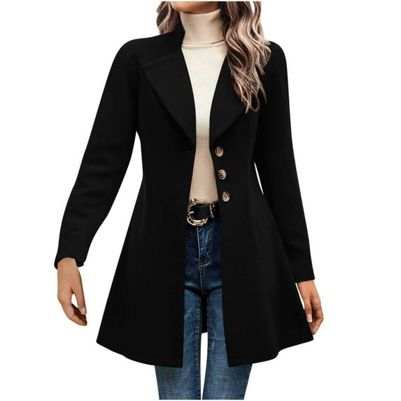 XPMWRP Women's Solid Color Fall And Winter Fazortev Casual Long Sleeve Slim Fleece Coat Lapel Notched Collar Warm Midi Jacket Overcoat Black S