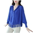 thumbnail image 1 of XPMWRP Women's Solid Color Fall Winter Elegant Button Down Long Sleeve Sweater Cardigan V Neck Tassels Fringe Casual Knit Coat Blue Free Size, 1 of 2