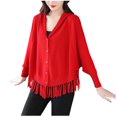 thumbnail image 1 of XPMWRP Women's Solid Color Fall Winter Elegant Button Down Long Sleeve Sweater Cardigan V Neck Tassels Fringe Casual Knit Coat Red Free Size, 1 of 2