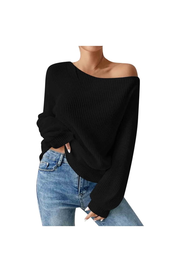 Women's Solid Color Fall Winter Sweaters Casual Pullover Off The Shoulder Sweater Classic Long Sleeve Rib Knit Jumper Tops Black XXL