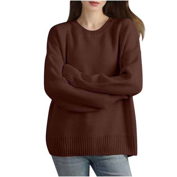 XPMWRP Women's Solid Color Fall Winter Sweaters Casual Pullover Round Neck Sweater Classic Long Sleeve Rib Knit Jumper Tops Brown L