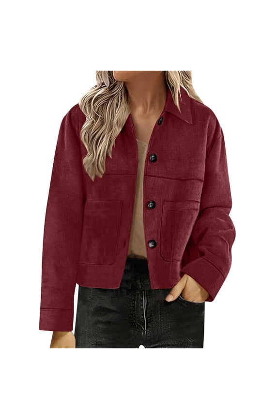 Women's Solid Color Fashion Faux Suede Leather Coat Cropped Casual Lapel Collar Button Down Fall Vintage Shackets Red XL