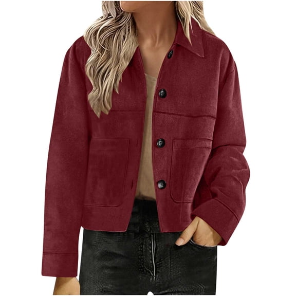 XPMWRP Women's Solid Color Fashion Faux Suede Leather Coat Cropped Casual Lapel Collar Button Down Fall Vintage Shackets Red XXL